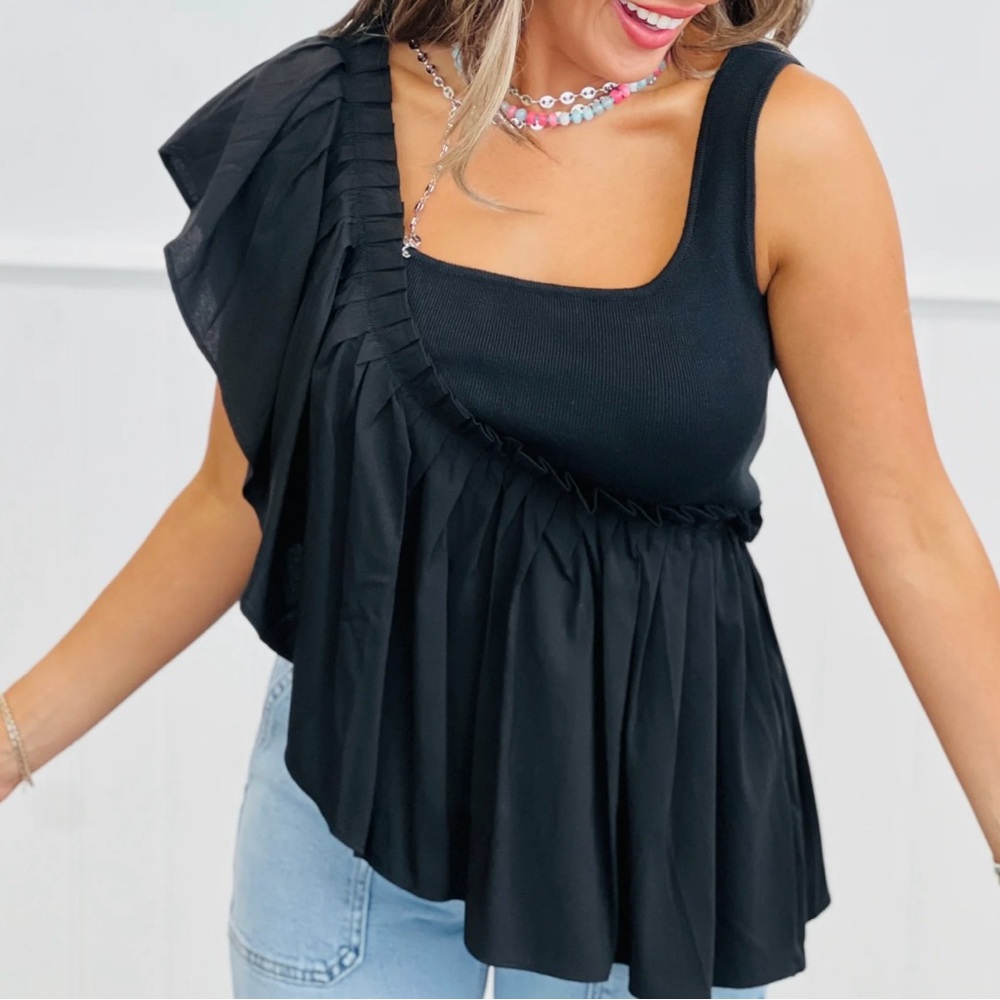 Black Ruffled One-Shoulder Top - Picture 1 of 4